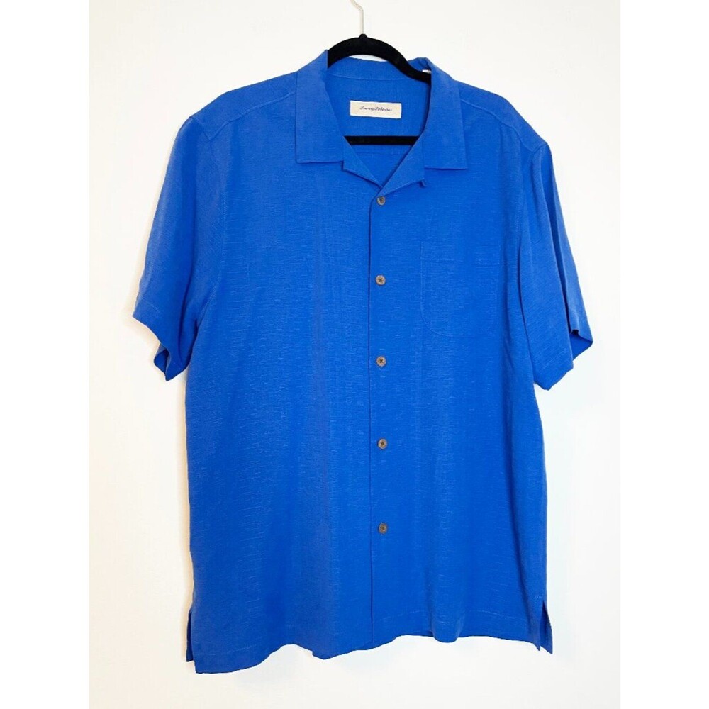 Tommy Bahama Blue Silk Cotton Camp Shirt Men's Large Button Front Resort Hawaii
